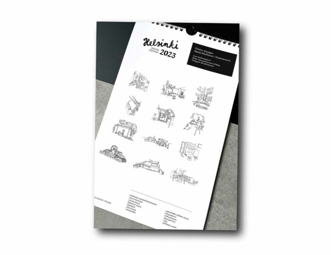 Back cover of the Helsinki Sauna Edition 2023 calendar showing all the sauna drawings.