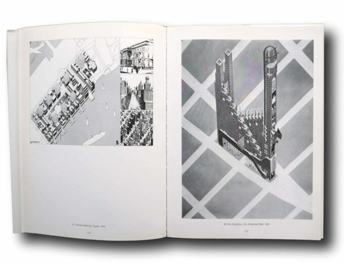 Photo showing a sample spread of the book Visionary Architecture of the 20th Century