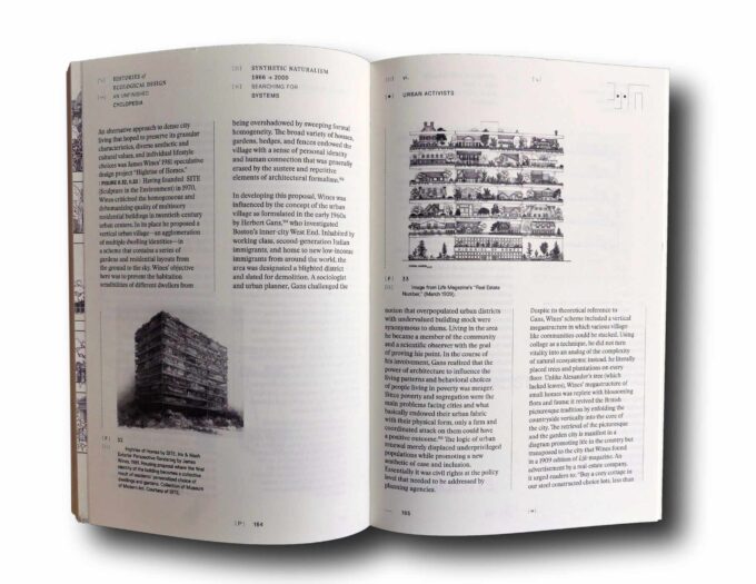 Photo showing a sample spread of the book Histories of Ecological Design