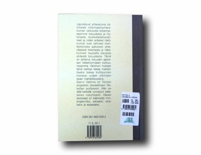 Photo showing a sample spread of the book Gianni Vattimo: Läpinäkyvä yhteiskunta