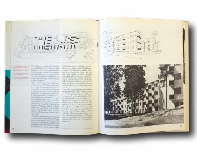 Osuusliike-rakentaa-auk Photo showing a sample spread of the book Osuusliike rakentaa – Ajankuvia arkkitehtuurista