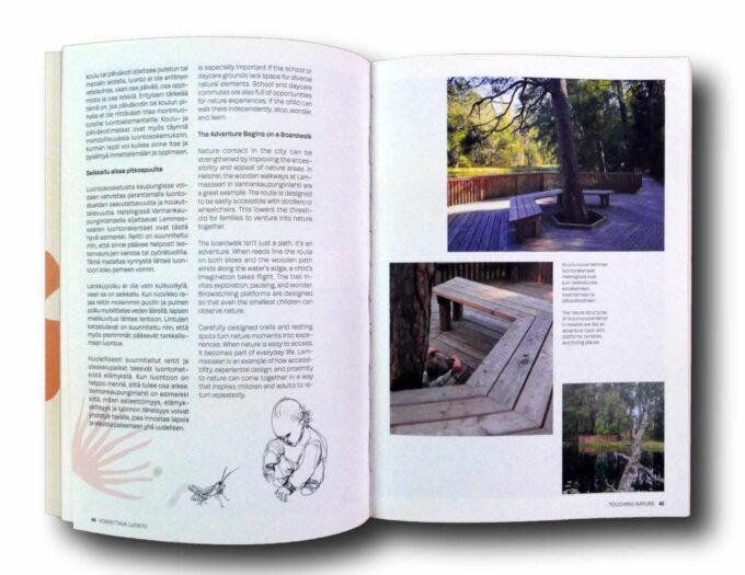 Alku-Nomaji-auk Photo showing a sample spread of the book Alku – lapsiystävällistä maisema-arkkitehtuuria